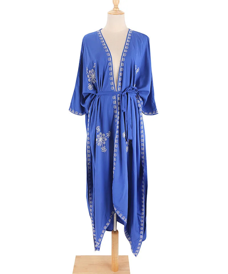 Loose Beach Kimono Cardigan Swimsuit Cover Up with Embroidery