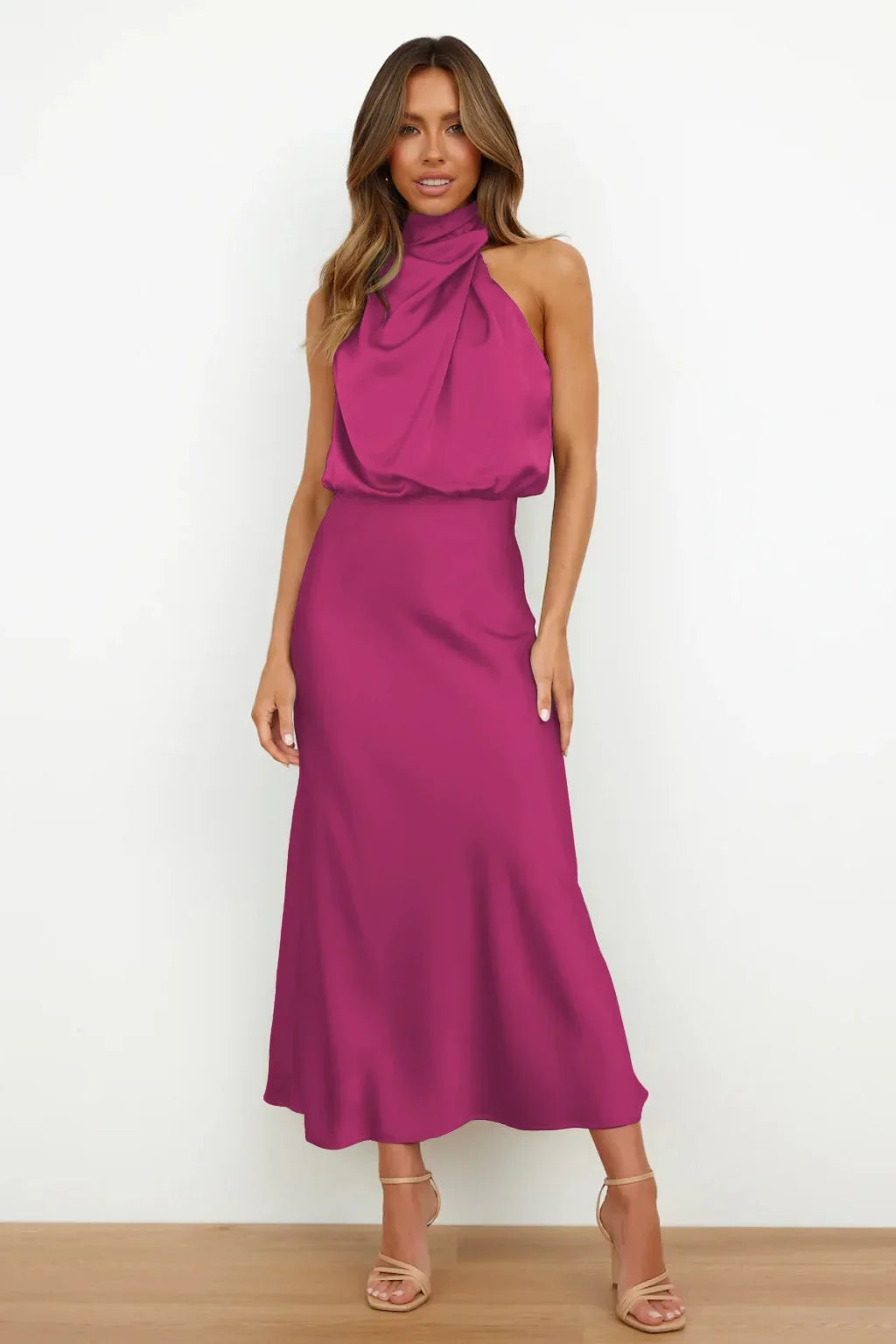 Vireous Summer Silk Satin Sleeveless Long Dress, Draped Bodice