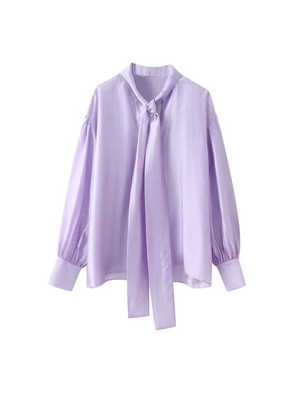 Women's Bow-Tie Drapey Casual Fashion Shirt, Long-Sleeve Blouse