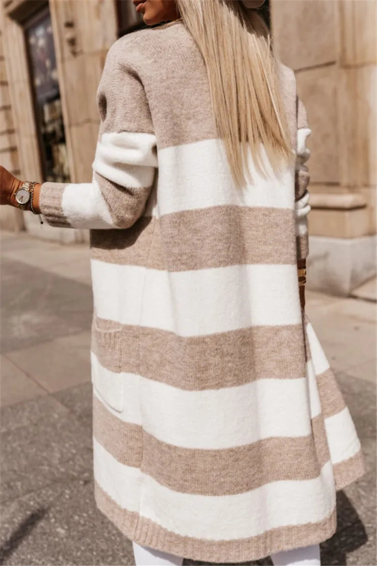Women's Long Striped Knitted Sweater Coat, Multicolours