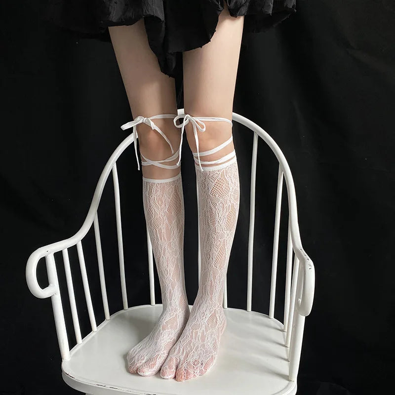 Summer Sexy Long Japanese-Style Socks, Irregular Lace-Tie Fishnet Stockings