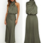 Vireous Summer Silk Satin Sleeveless Long Dress, Draped Bodice