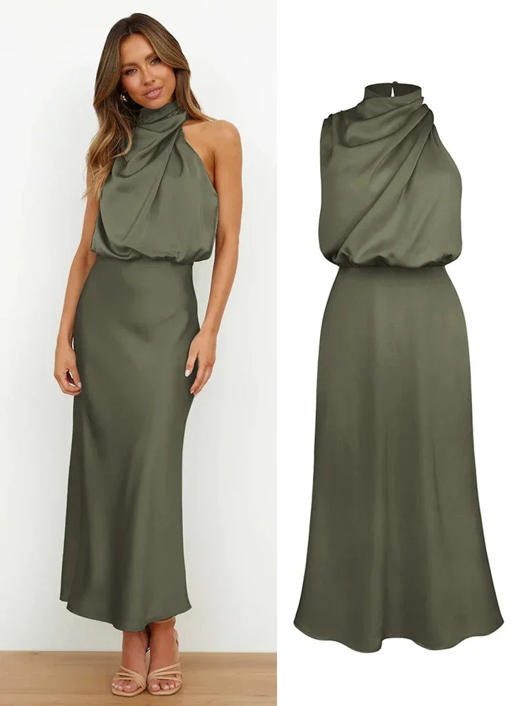 Vireous Summer Silk Satin Sleeveless Long Dress, Draped Bodice