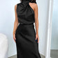 Vireous Summer Silk Satin Sleeveless Long Dress, Draped Bodice