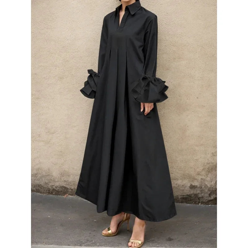 Vireous Flared-Sleeves Elegant Pleated Shirt Dress, Businesswear