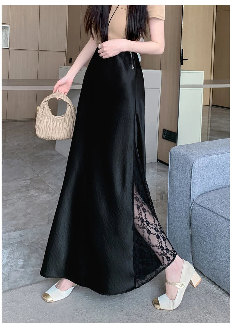 Vireous Satin Women's Long Skirt, Side Lace Patchwork