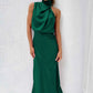 Vireous Summer Silk Satin Sleeveless Long Dress, Draped Bodice