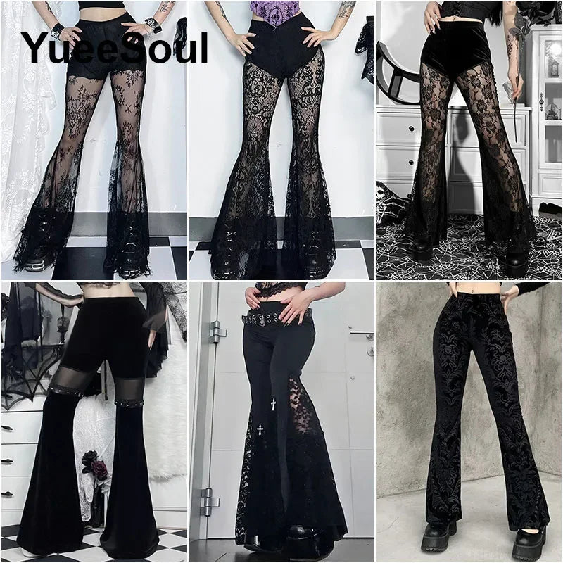 Goth Women's Flared Pants with Black Lace, Embroidery, Multi Designs