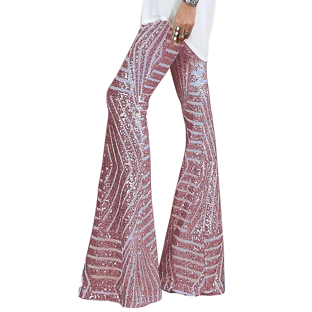 Vireous Women's Sparkling Sequin Slacks, Loose Mid-Waist Trousers