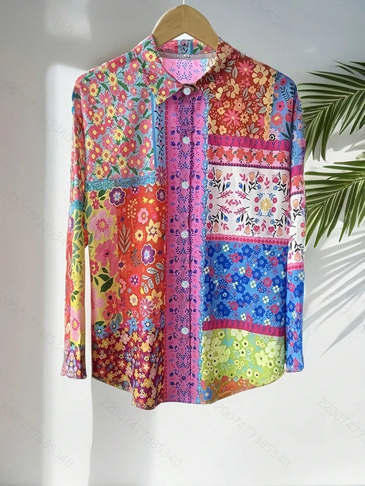 Vireous Bright Patchwork Printed Women's Summer Shirt, Candy Colours