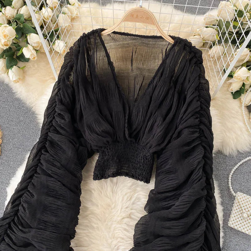 Vireous Women's Sexy Chiffon Sheer Short Blouse