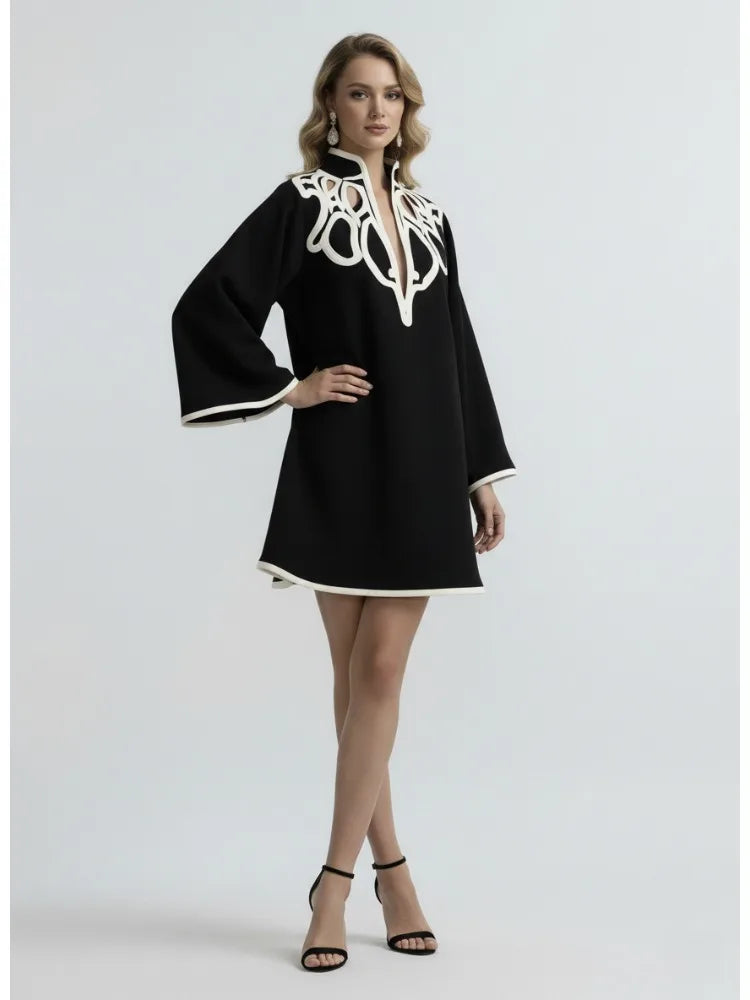 Avant Garde Black and White Contrast Bell-Sleeve Loose Fit Mini Dress