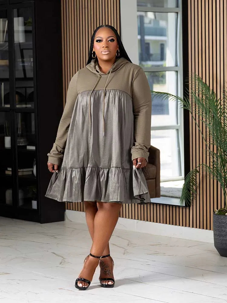 Plus-Size Preppy Hooded Casual Loose-Waist Dress