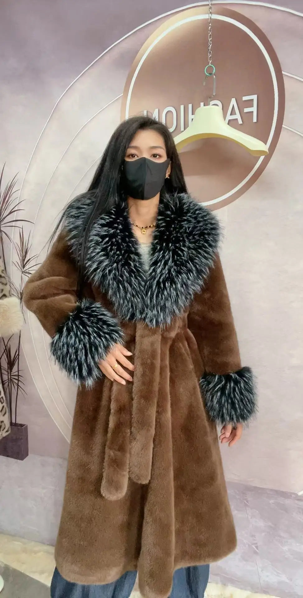 Women's Luxury Faux Mink Fur Coat with Contrast Collar, Multi Colours