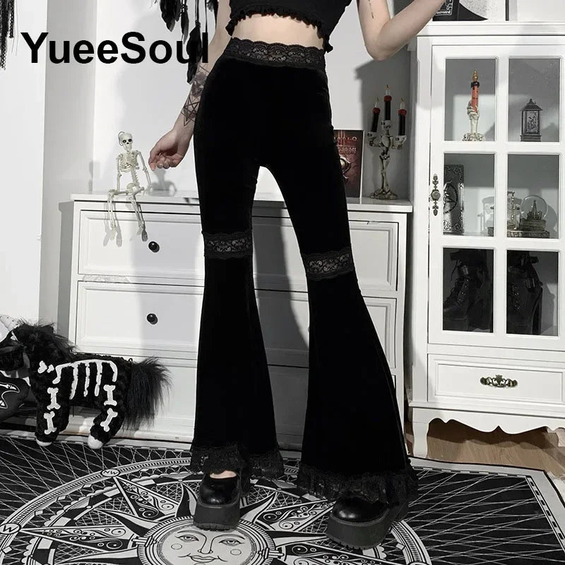 Goth Women's Flared Pants with Black Lace, Embroidery, Multi Designs