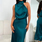 Vireous Summer Silk Satin Sleeveless Long Dress, Draped Bodice