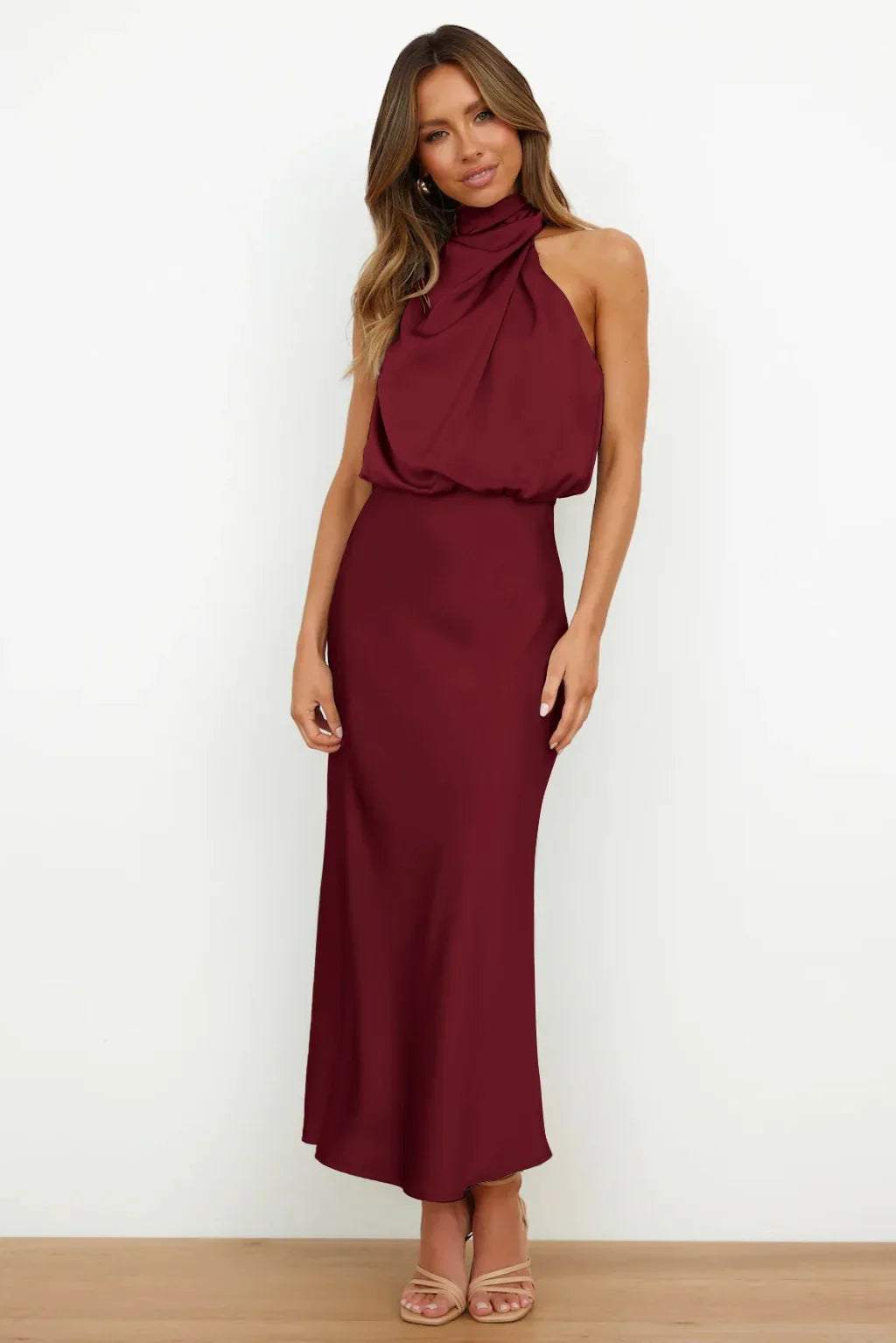 Vireous Summer Silk Satin Sleeveless Long Dress, Draped Bodice