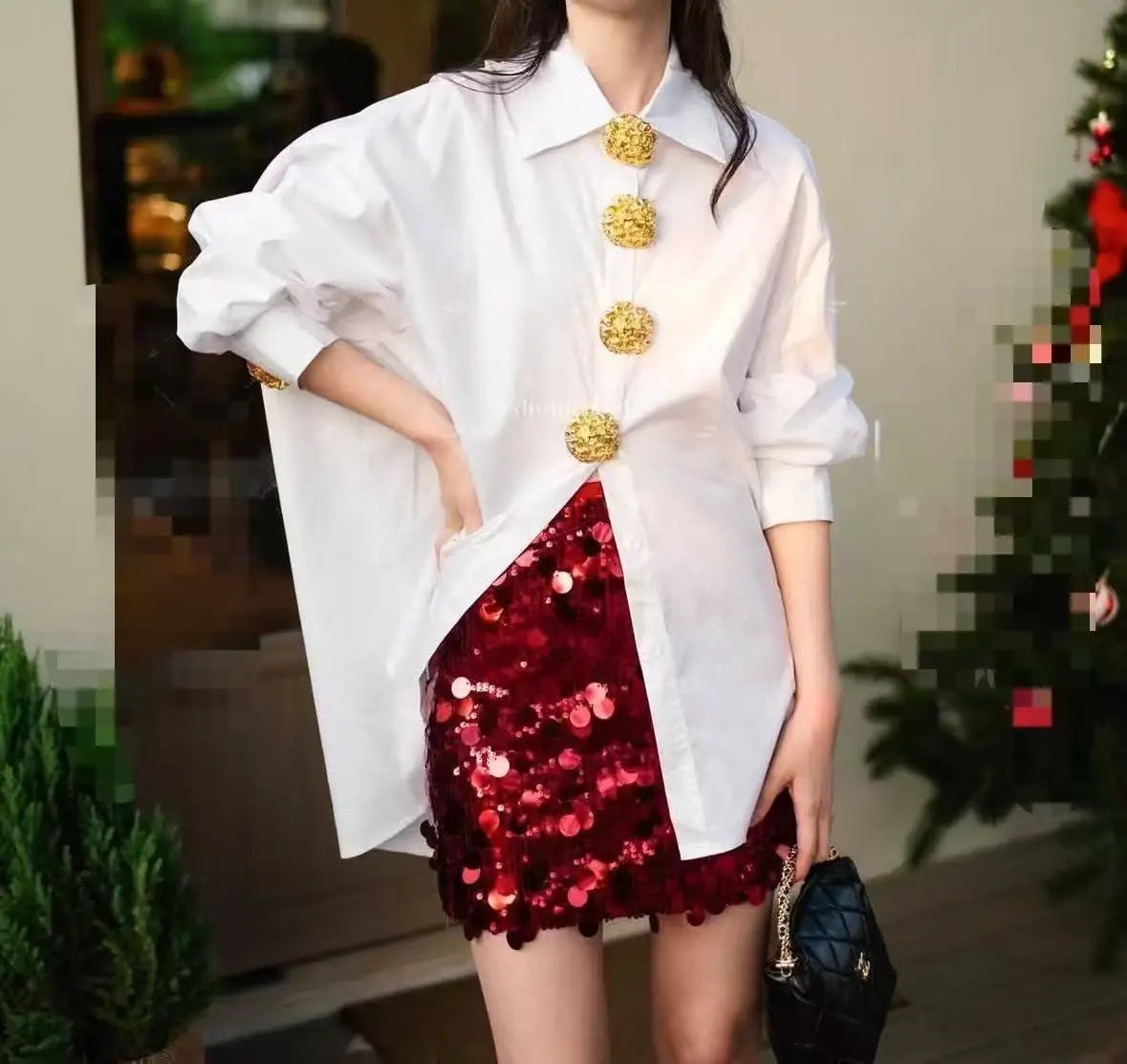 Gold Feature Buttons, Loose Casual Cotton Women's Elegant Shirt