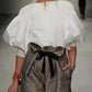 Avant Garde Women's Buttoned Dress Shirt, Round Neck Puff Sleeves