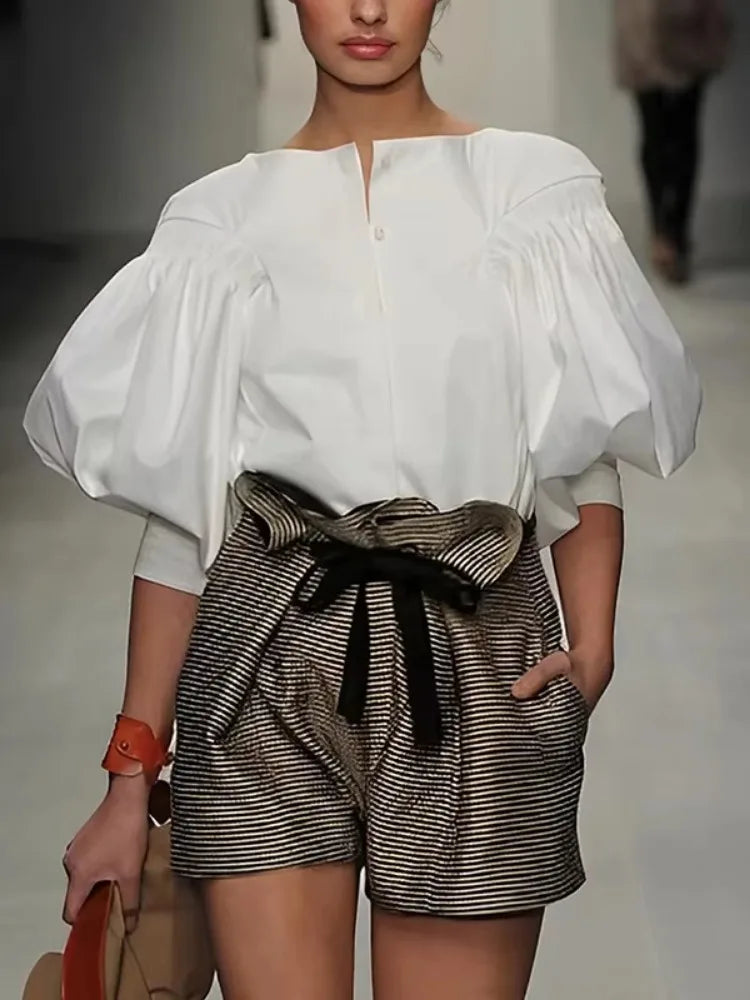 Avant Garde Women's Buttoned Dress Shirt, Round Neck Puff Sleeves
