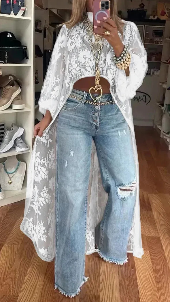 Vireous Lace Floral Extra-Long Shirt Top, High Neck Overwear