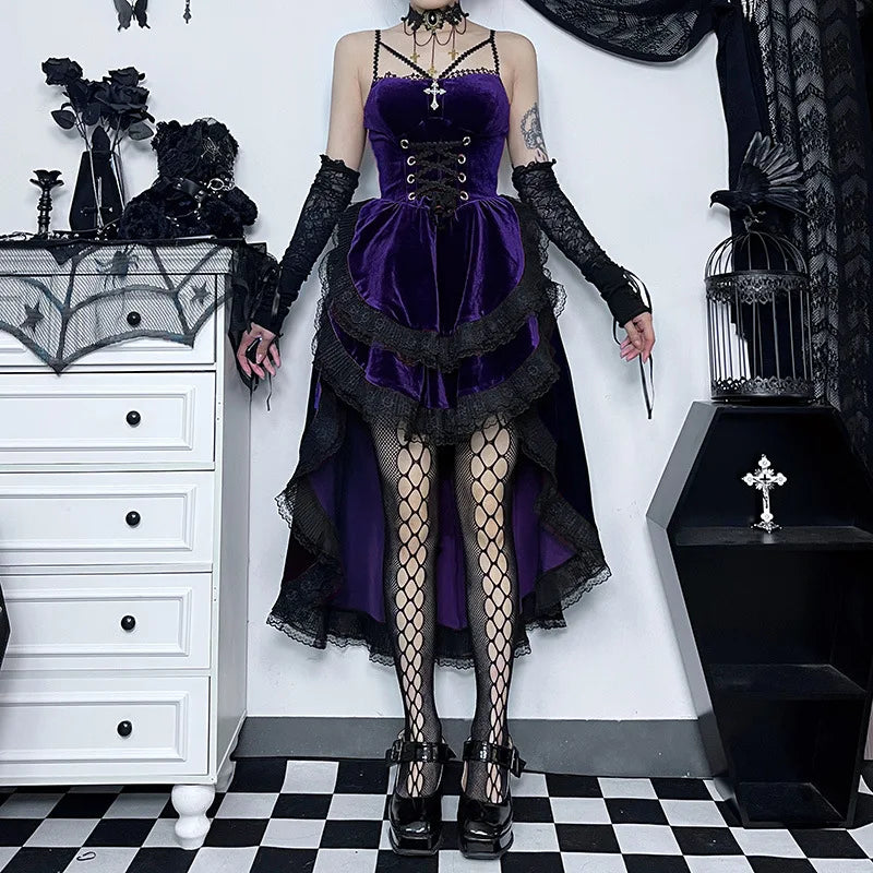 gothic bodycon dress Gothic Embroidered Lace Crop Top Bodycon Dress Set, Dress / M