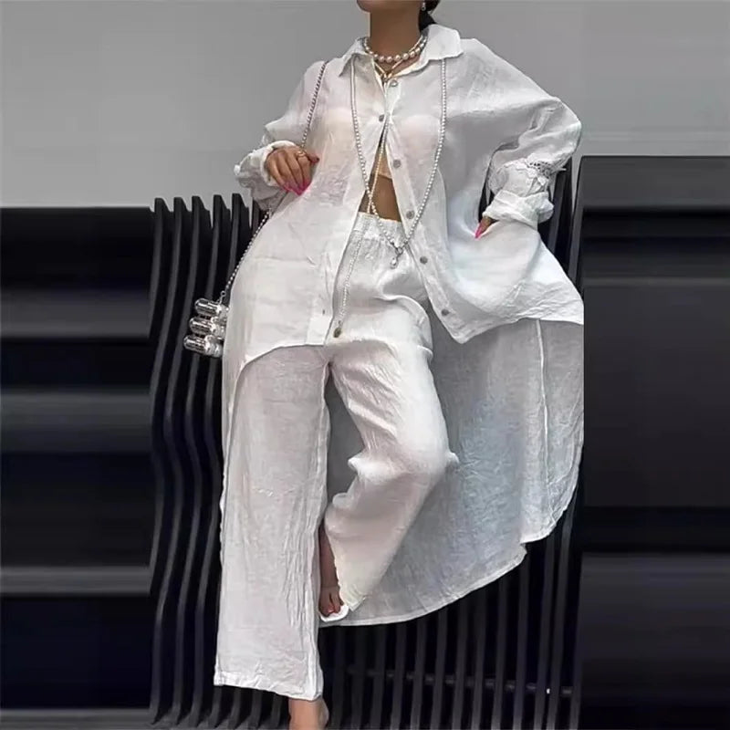 Cotton Linen Women's Summer Suit, Long Tail Shirt Outfit