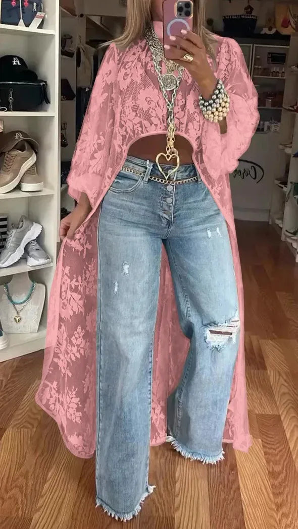 Vireous Lace Floral Extra-Long Shirt Top, High Neck Overwear