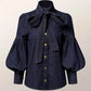 Vireous Women's Princess Sleeves High-Neck Bow Tie Denim-Look Blouse