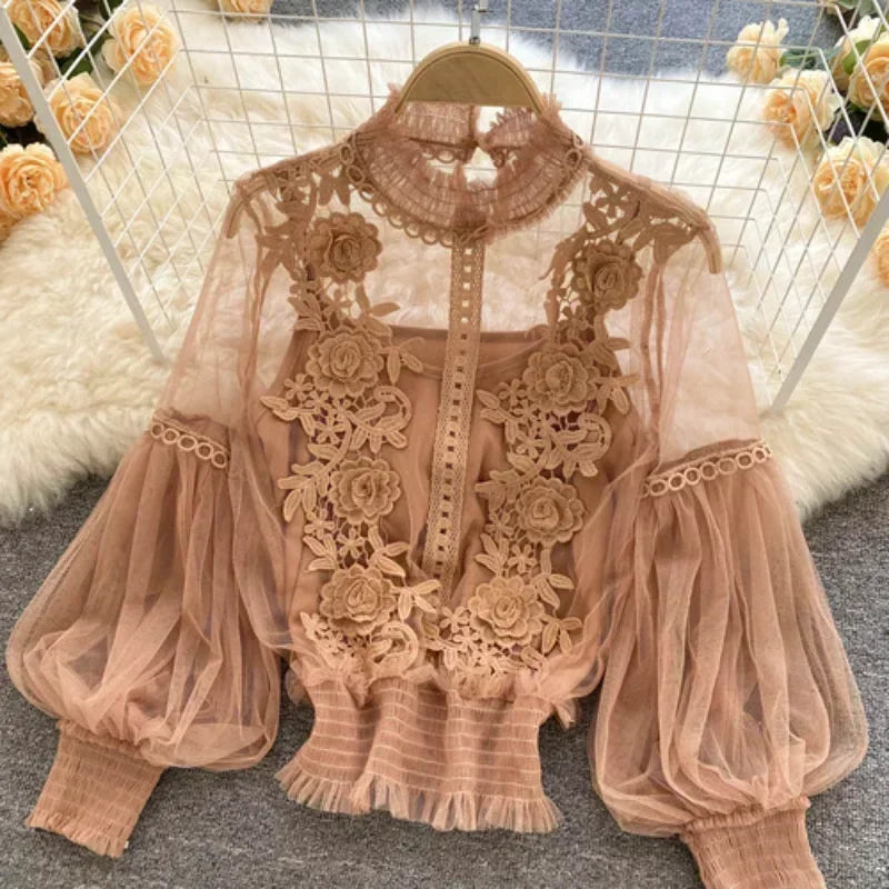 Lace See-Through Puff-Sleeve Vintage Fashion Blouse