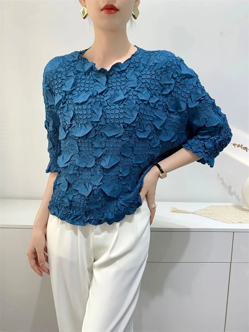 Miyake Embroidered Hand-Pleated Women's Round-Neck Top