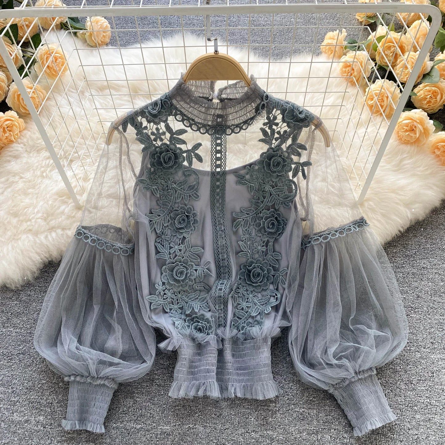 Lace See-Through Puff-Sleeve Vintage Fashion Blouse