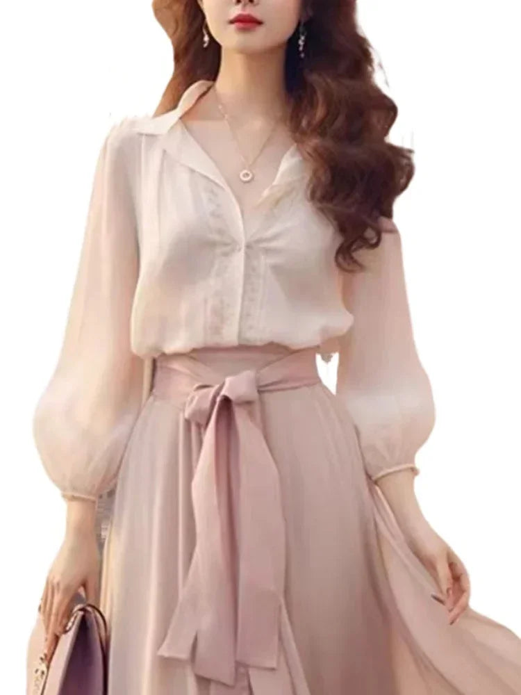 Elegant Retro French Women's Lace-Up Chiffon Two-Piece Outfit