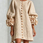 Vireous Women's Linen Mini Dress with Flower Buttons