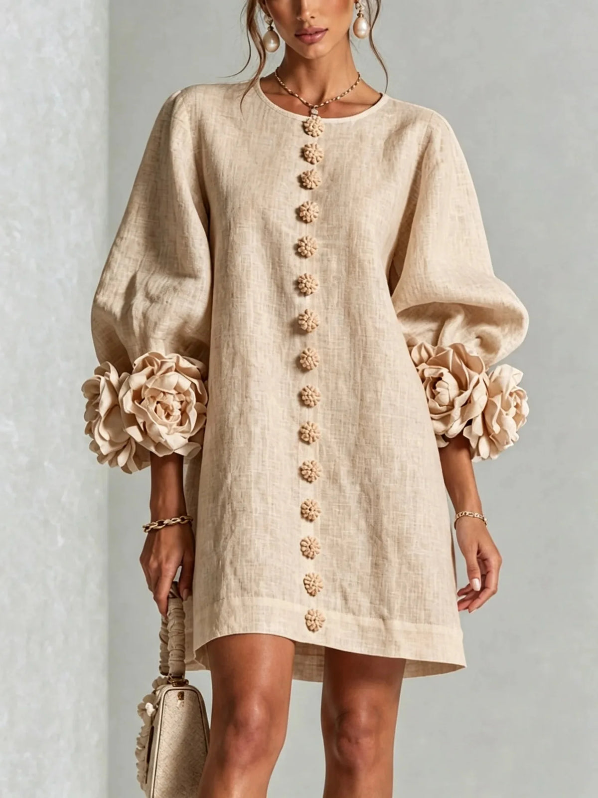 Vireous Women's Linen Mini Dress with Flower Buttons