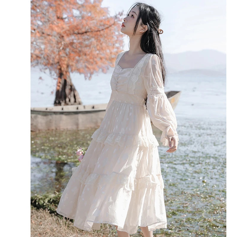 French-Style Fairycore Lolita Sweet Dress, Puff Sleeves