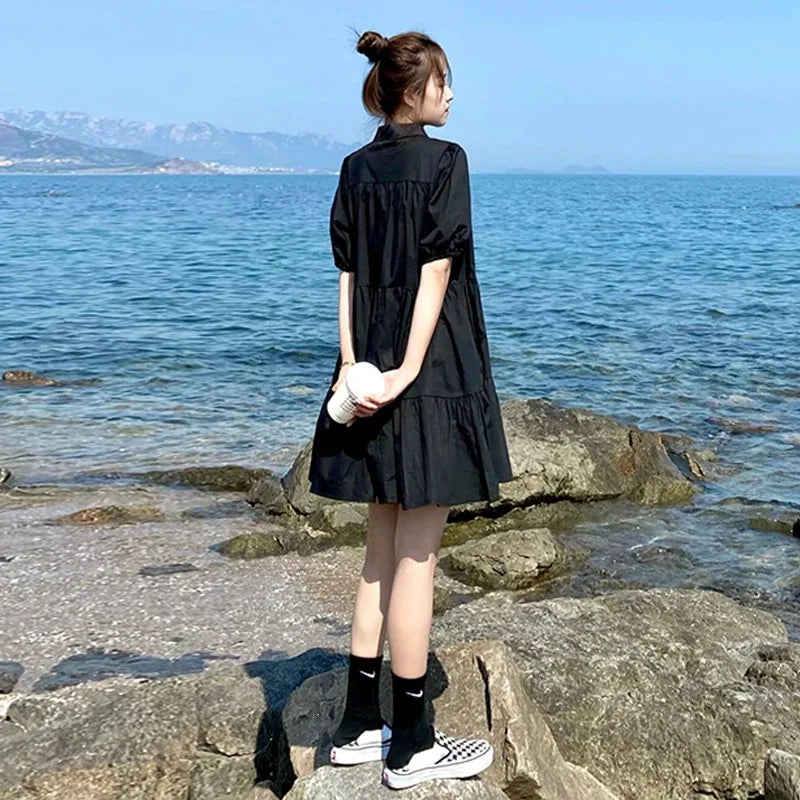 Hepburn-Style Pleated Midi Dress in Black, Plus Sizes