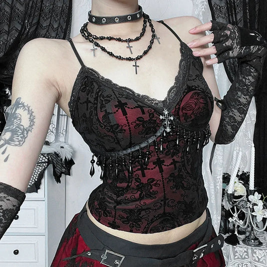 Vintage Goth Camisole, Flocked Tank Top with Lace