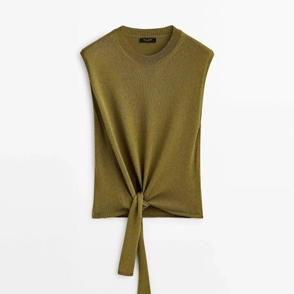 Vireous Women's Fashion Knitted Side-Knot Sleeveless Army Green Sweater