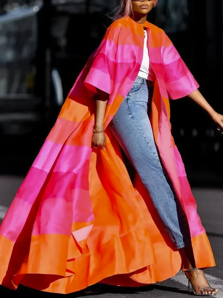 Vireous Pink Orange Big Bold Elegant Cape Coat, Catwalk Collection