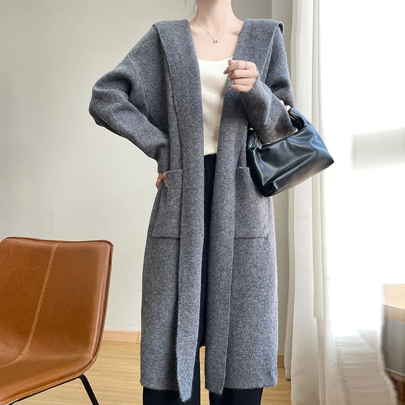 Vireous Lazy-Style Thickened Wool Knit Long Cardigan Coat