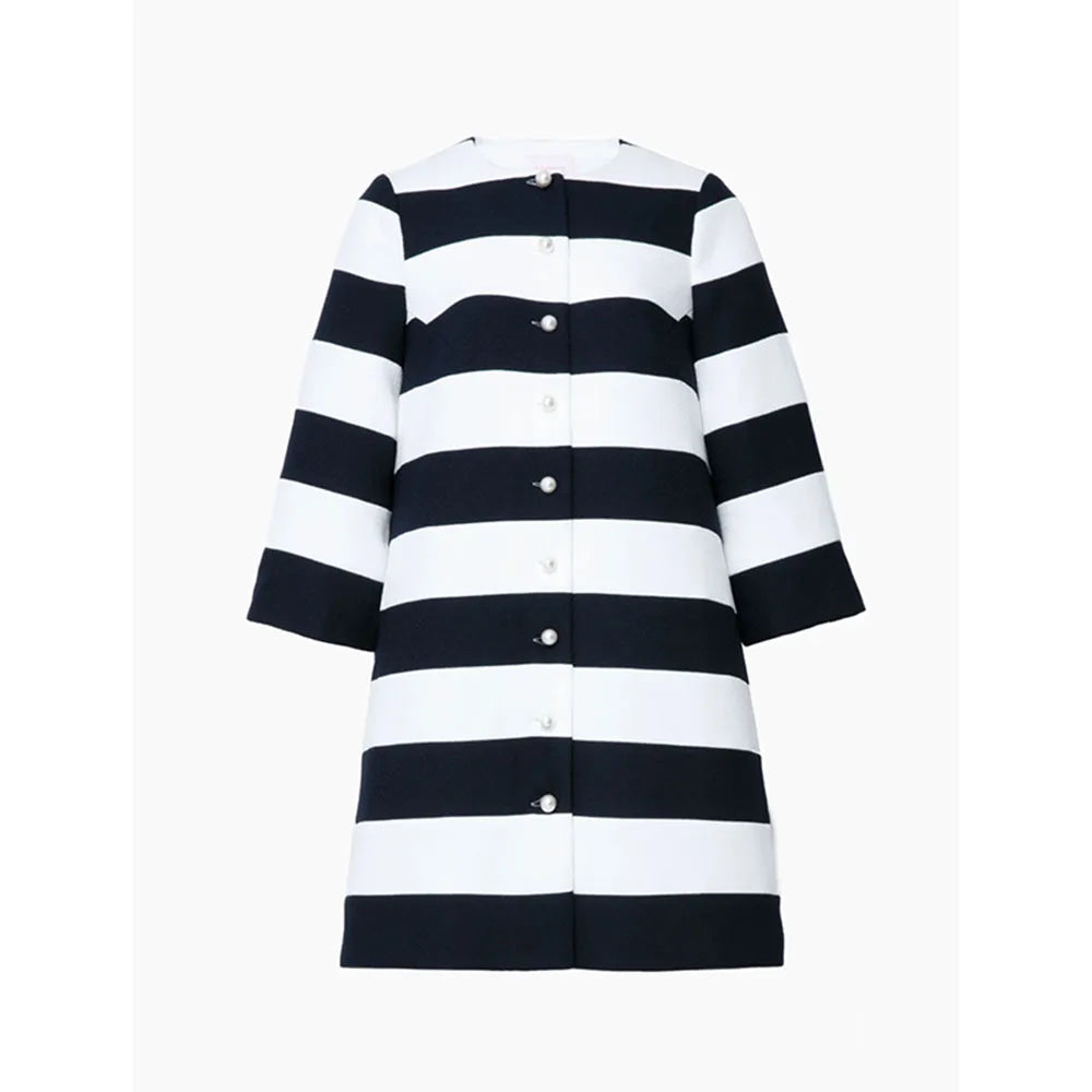 Vireous Black and White Three-Quarter Sleeves Classic-Cut Women's Pea Coat