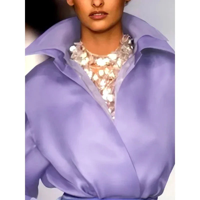 Vireous Women's Light Purple Chiffon Big Bold Collar Loose Tuxedo Blouse