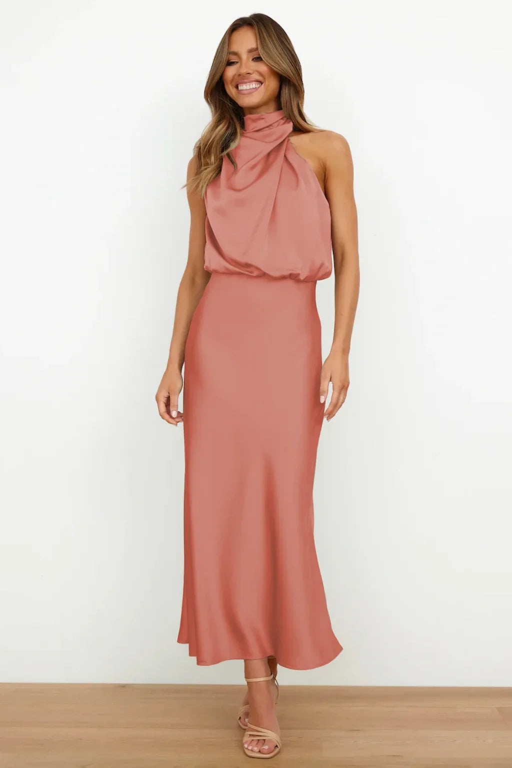 Vireous Summer Silk Satin Sleeveless Long Dress, Draped Bodice