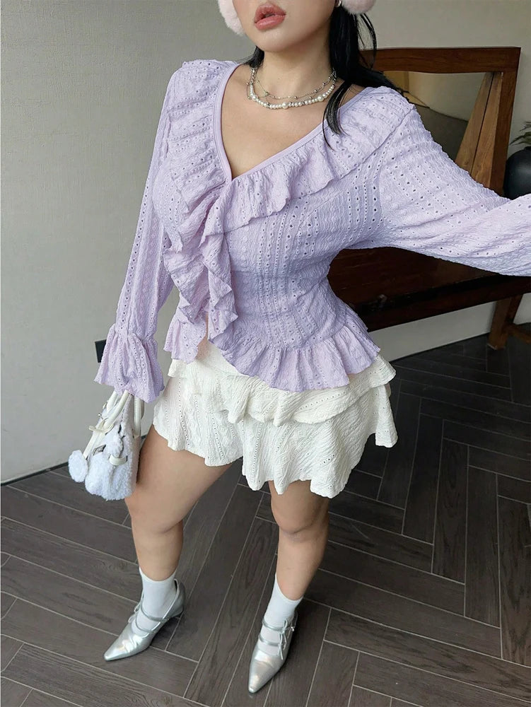 Vireous Elegant French Ruffle Flared-Sleeve Blouse, Plus Sizes