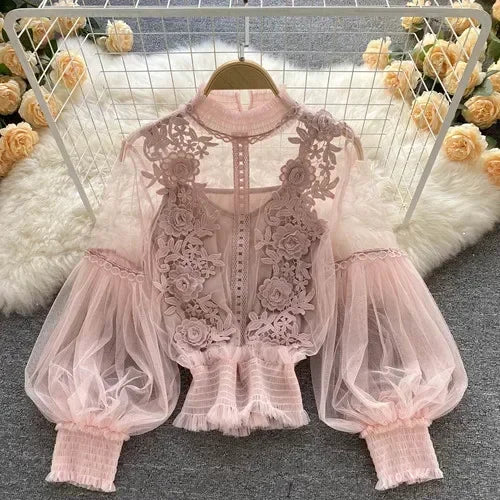 Lace See-Through Puff-Sleeve Vintage Fashion Blouse