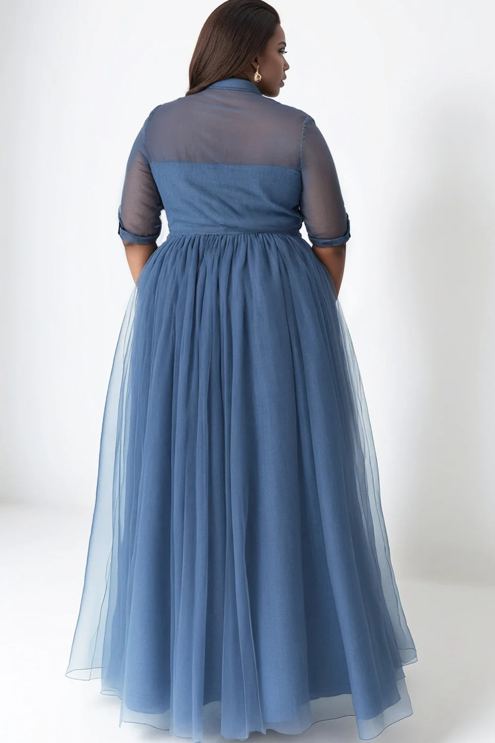 Plus-Size Semi-Formal Soft Tulle Maxi Dress in French Blue