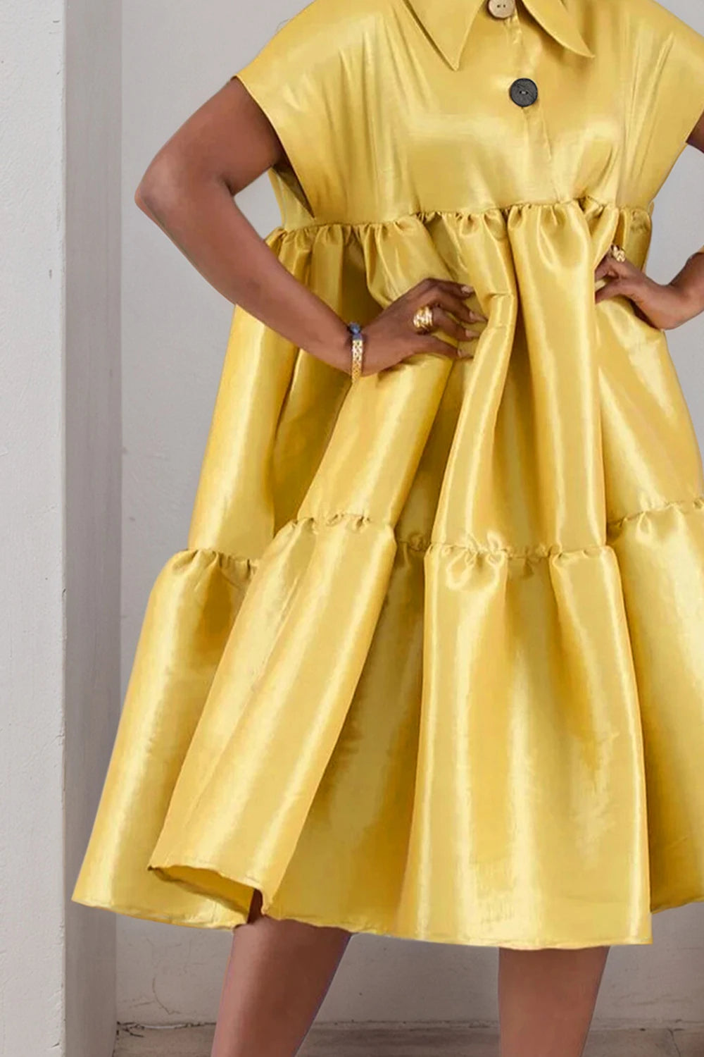 Plus-Size Women's Gold Satin Turn-Down Collar Casual Elegant Dress