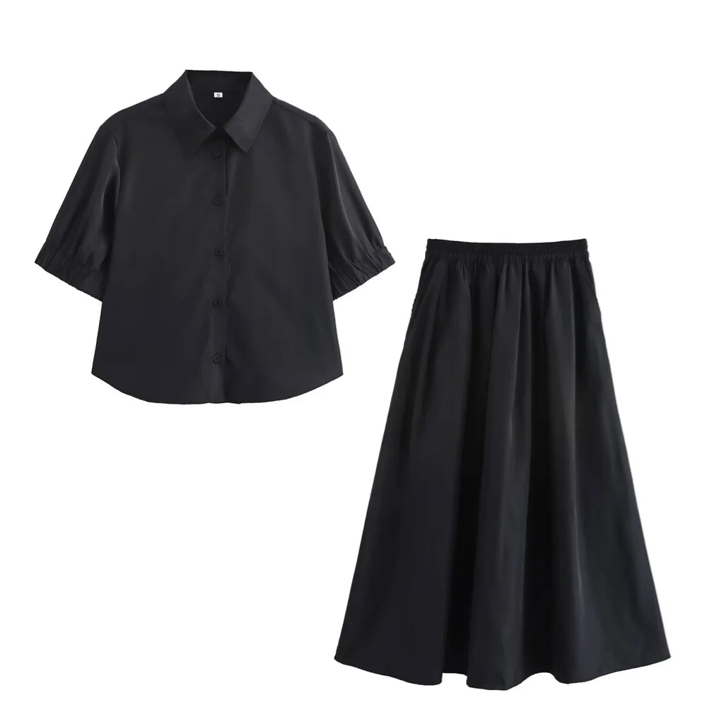 Women's Fashion Casual Swing Midi Skirt and Top, Two Piece Set