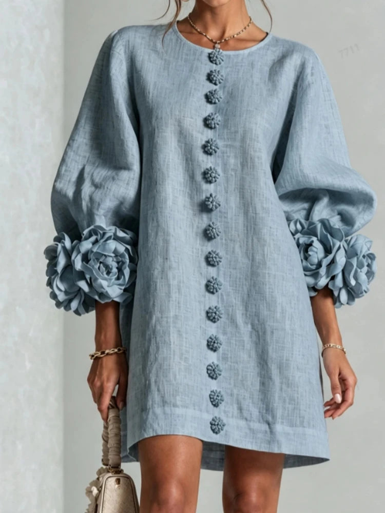 Vireous Women's Linen Mini Dress with Flower Buttons